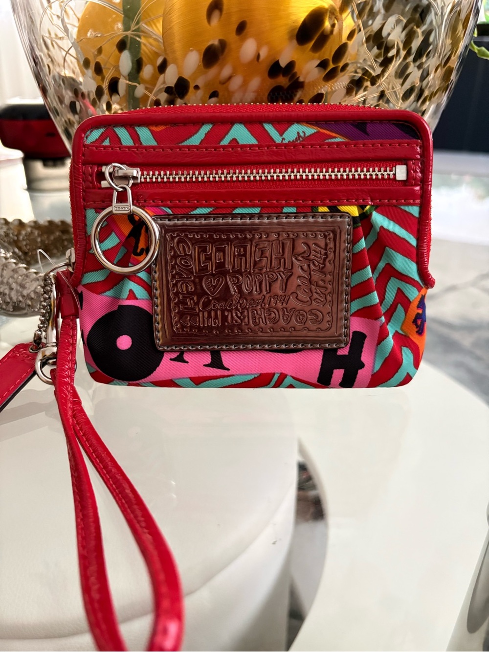 Coach Red Multicolor Signature Patch Wristlet